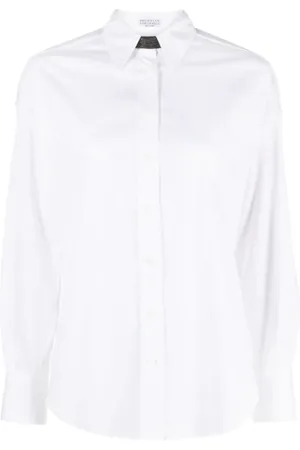 Brunello Cucinelli Bluser & Skjorter, Dame, Hvid, S, Bomuld, Monili Bead-Embellished Poplin Skjorte