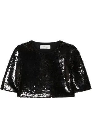 Sportmax Bluser & Skjorter, Dame, Sort, M, Tyl, Sequin Mesh Crop Top