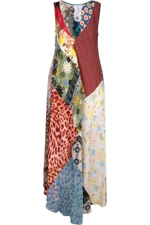 Marine Serre Kjole, Dame, Flerfarvet, S, Silke Patchwork V-Hals Kjole