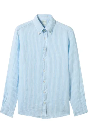 Brooks Brothers Skjorte, Herre, Blå, M, Linned, Slim Fit Stribet Linned Skjorte med Knapper