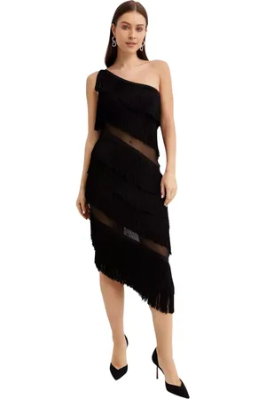 Norma Kamali Kjole, Dame, Sort, M, Polyester, Fringed Asymmetric Midi Dress