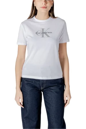 Calvin Klein Top, Dame, Hvid, L, Bomuld, Hvidt Trykt T-shirt til Kvinder