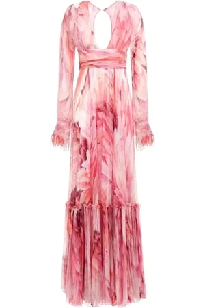 Roberto Cavalli Kjole, Dame, Lyserød, M, Fjerprint Lang Kjole Fuchsia