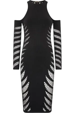 Roberto Cavalli Kjole, Dame, Sort, ONE SIZE, Uld, Zebra Mønster Midi Kjole