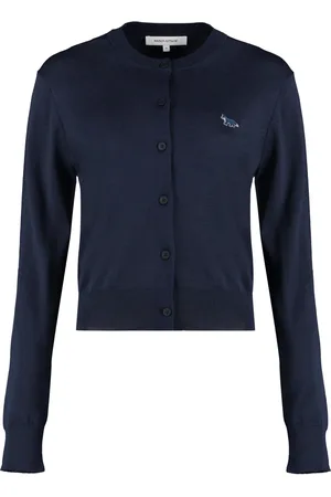 Maison Kitsuné Strik, Dame, Blå, L, Uld, Baby Fox Patch Regular Cardigan