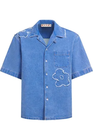 Marni Skjorte, Herre, Blå, L, Denim, Blå Denimskjorte med Blomsterbroderi