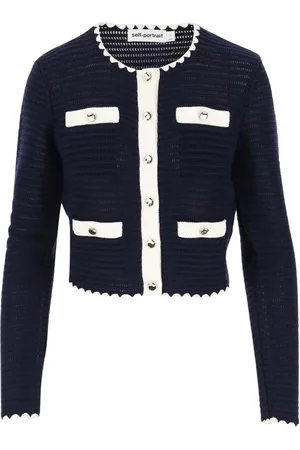 Self-Portrait Strik, Dame, Blå, M, Bomuld, Navy Cardigan i bomuldsblanding med juvelknaplommer