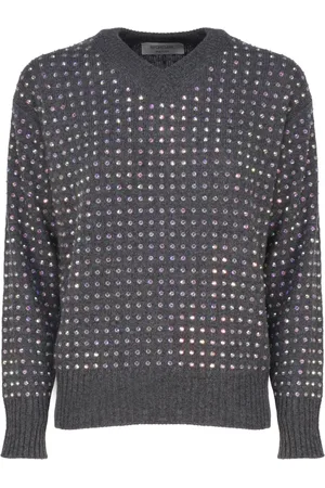 Sportmax Strik, Dame, Grå, XS, Uld, Rhinestone-besat grå sweater