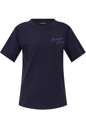 Emporio Armani Top, Dame, Blå, M, Bomuld, Jersey T-shirt med flerfarvet logo broderi