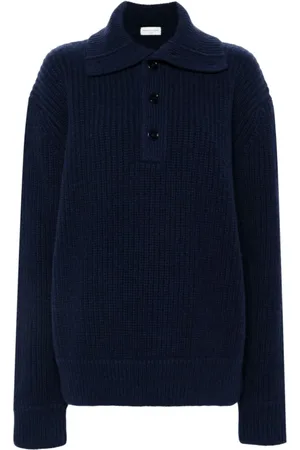DRIES VAN NOTEN Strik, Herre, Blå, L, Uld, Ribstrikket sweater med spredningskrave