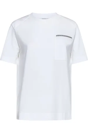 Brunello Cucinelli Top, Dame, Hvid, L, Bomuld, Bomulds T-shirt med Monile-udsmykning