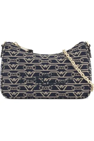 Emporio Armani Taske, Dame, Flerfarvet, ONE SIZE, Uld, Blå Canvas Jacquard Mini Baguette Skuldertaske med Monogram og Logo Broderi