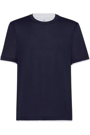 Brunello Cucinelli Top, Herre, Blå, XL, Bomuld, Lagdelt silke-bomulds T-shirt