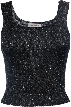 ERMANNO SCERVINO Top, Dame, Sort, XS, Polyester, Sequin Square Neck Crop Top