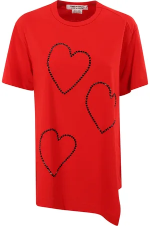 Comme des Garçons Top, Dame, Rød, M, Heart Motif Crystal Crew-Neck T-Shirt