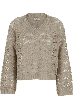 Brunello Cucinelli Strik, Dame, , M, Linned, V-Neck Sweater med Perforerede Detaljer