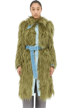 DRIES VAN NOTEN Frakke, Dame, Grøn, S, Denim, Denim & Faux Fur Bæltefrakke
