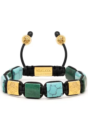 Nialaya Tilbehør, Dame, Gul, S, Uld, Turkis og Grøn Jade Flatbead Armbånd med Guldbelagt Dorje