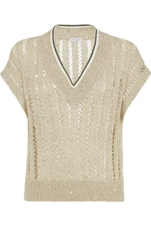 Brunello Cucinelli Strik, Dame, , M, Linned, Sequin Sweater V-Neck Dazzling Knit