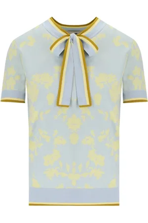 Elisabetta Franchi Strik, Dame, Flerfarvet, M, Himmelblå Citronsaft Blomstret Jacquard Top