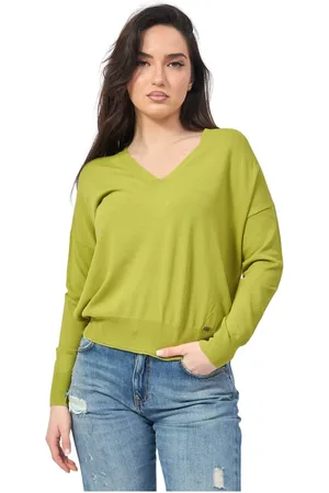 Gaudi Strik, Dame, Grøn, L, Grøn V-hals Sweater Blød Garn