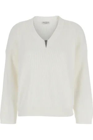 Brunello Cucinelli Strik, Dame, Hvid, M, Bomuld, V-hals sweater med monile detalje