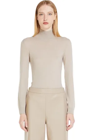 Max Mara Strik, Dame, Grå, S, Uld, Beige Jersey High Neck Ribstrikket Sweater