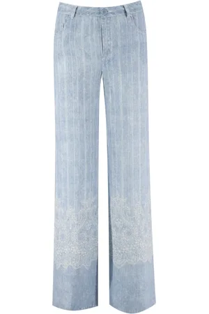 ERMANNO SCERVINO Jeans, Dame, Blå, M, Linned, Stribede linnedbukser med blonde detaljer