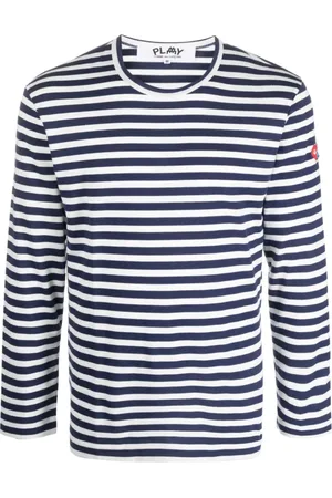 Comme des Garçons Top, Herre, Blå, M, Uld, Stribet LS T-shirt med dobbelt hjerte på siden
