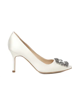 Manolo Blahnik Sko, Dame, Hvid, 40 EU, Satin, Hvide Satin Pumps med Krystalspænde