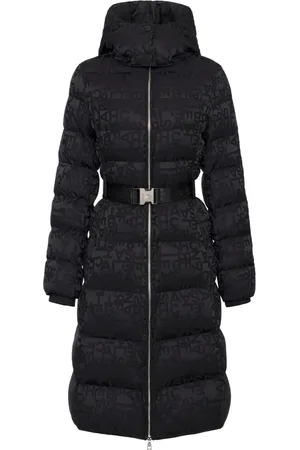Elisabetta Franchi Frakke, Dame, Sort, M, Uld, Sort Lang Pufferfrakke med Jacquard-bogstaver