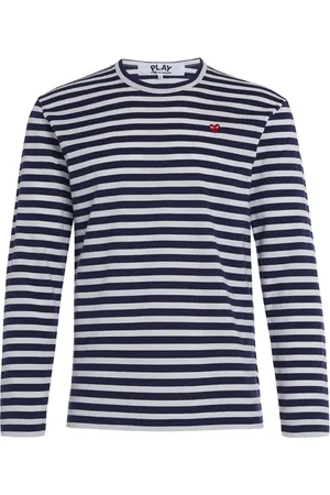 Comme des Garçons Top, Herre, Blå, L, Bomuld, Stribet langærmet skjorte med hjertepatch