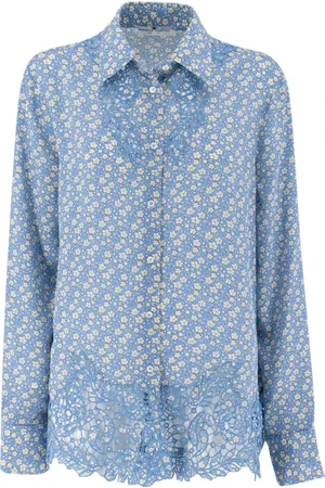 ERMANNO SCERVINO Bluser & Skjorter, Dame, Blå, S, Silke Floral Print Langærmet Skjorte