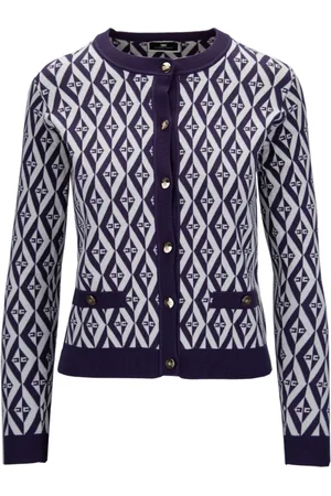 Elisabetta Franchi Strik, Dame, Hvid, XS, Uld, Logo-mønstret Cardigan med Knapper