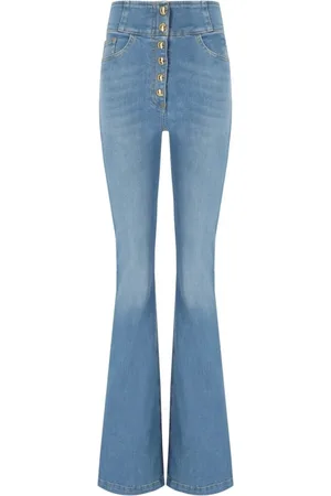 Elisabetta Franchi Jeans, Dame, Blå, W27, Bomuld, Flared High Waist Jeans med Knapper