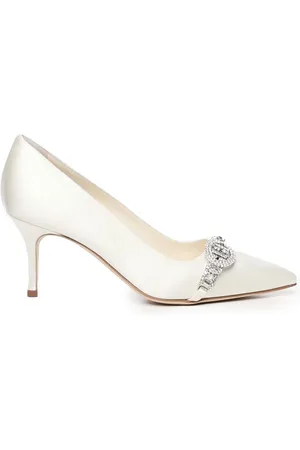 Manolo Blahnik Sko, Dame, Hvid, 40 EU, Satin, Hvide juvelbesatte stiletpumps
