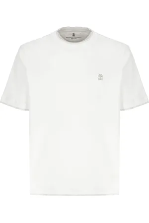 Brunello Cucinelli Top, Herre, Hvid, XL, Bomuld, Bomulds T-shirt med Logo Broderi