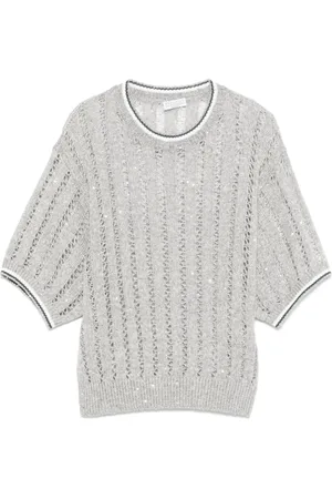 Brunello Cucinelli Strik, Dame, Grå, S, Uld, Grå Stribet Crew Neck Sweater