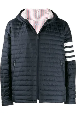 Thom Browne Jakke, Herre, Blå, M, Blå fjer-dunjakke med 4-Bar Stripe