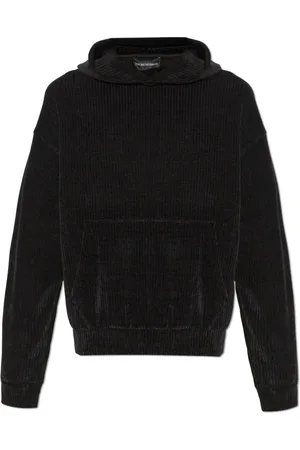 Emporio Armani Sweathshirts & Hoodies, Herre, Sort, 2XL, Uld, Ribstrikket Hættetrøje