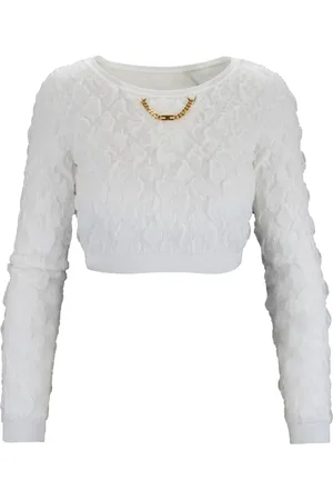 Elisabetta Franchi Strik, Dame, Hvid, S, Uld, Strikket Cropped Top med Guldkæde