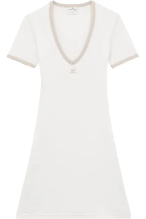 Courrèges Kjole, Dame, Hvid, L, Bomuld, Contrast V Neck Mini Dress