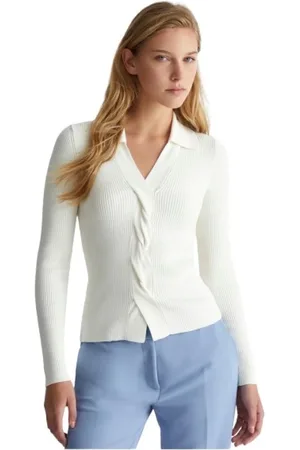Liu Jo Strik, Dame, Hvid, S, Uld, Ribstrikket V-hals sweater med twist-detalje