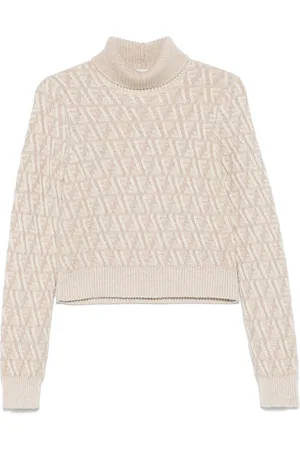 Fendi Strik, Dame, Hvid, XS, Uld, Hvid Jacquard Sweater med Ribbet Høj Hals