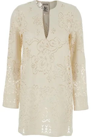 SEMICOUTURE Kjole, Dame, Hvid, XS, Bomuld, Hvid Blonde V-Hals Bomulds Kjole