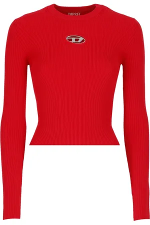 Diesel Strik, Dame, Rød, XS, Polyester, Ribstrikket viskose sweater