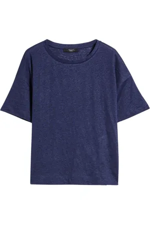 Max Mara Top, Dame, Blå, 2XL, Uld, Linen T-shirt med sideslidser