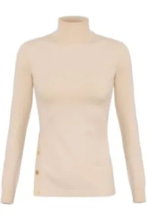 Elisabetta Franchi Strik, Dame, , L, Uld, Elfenbensfarvet turtleneck sweater med guldfarvede knapper