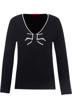 Carolina Herrera Strik, Dame, Sort, M, Ribstrikket, struktureret, figursyet sweater med sløjfedetalje
