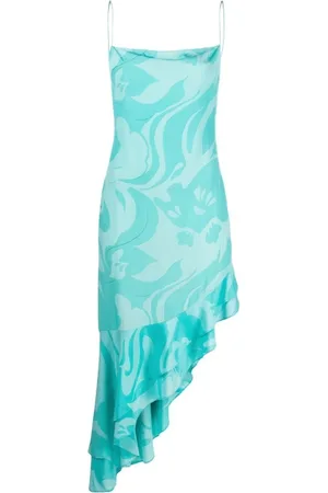 Etro Kjole, Dame, Blå, M, Floral Asymmetrisk Midi Kjole